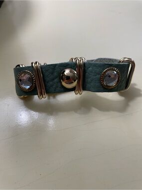 Y2K Vintage 80’s Soft Moss Green Leather Bracelet with Studs & Crystals